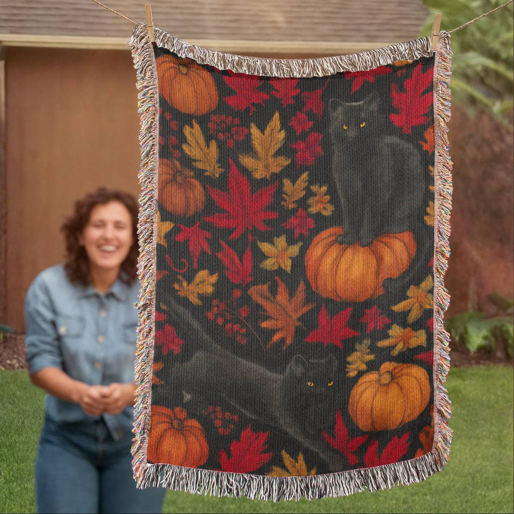 Cozy Autumn Black Cat Tapestry Throw Blanket
