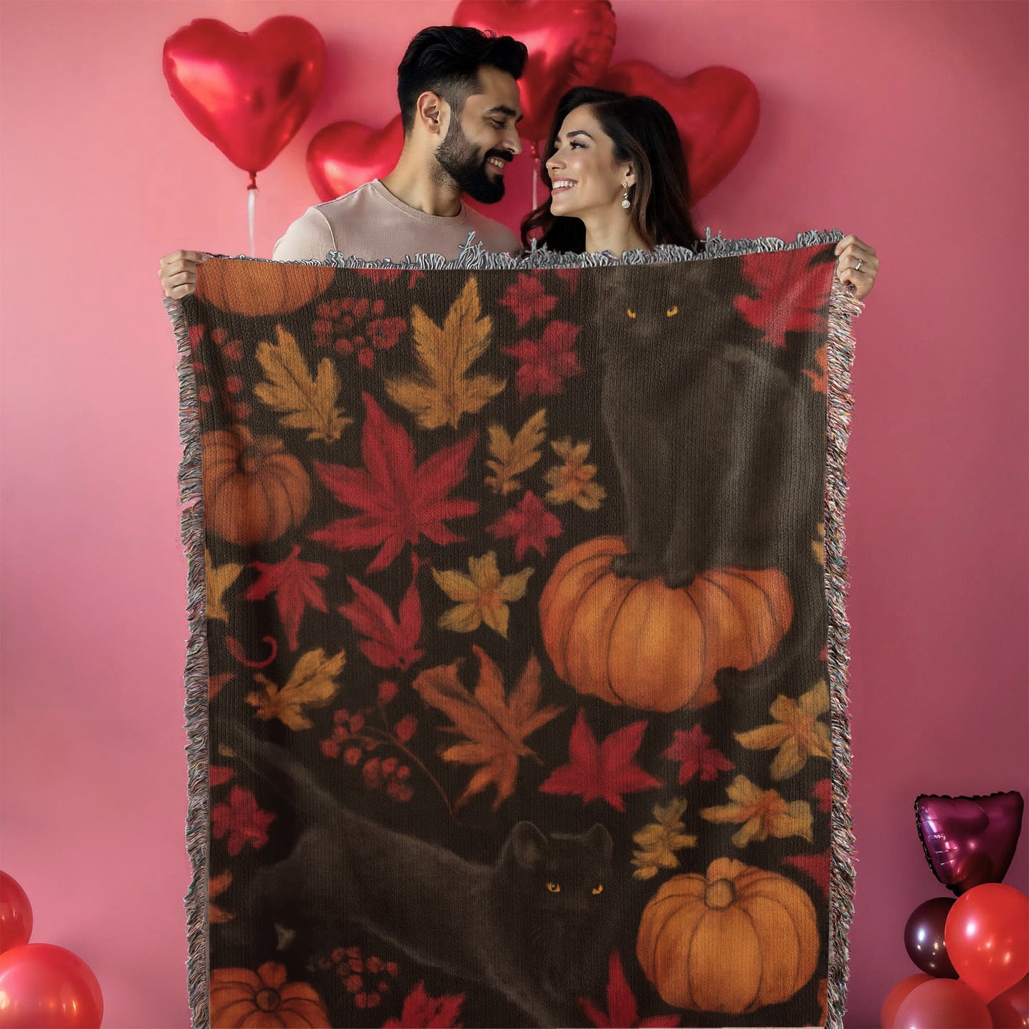 Cozy Autumn Black Cat Tapestry Throw Blanket