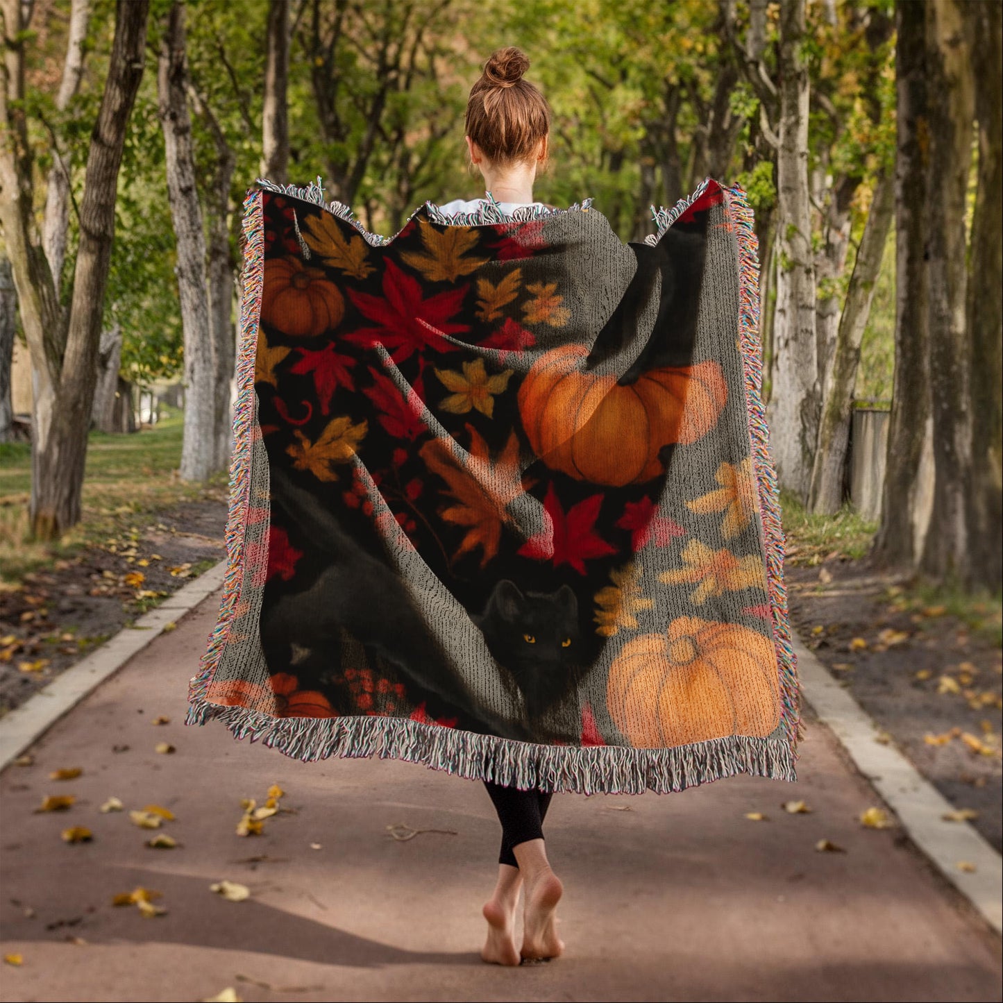 Cozy Autumn Black Cat Tapestry Throw Blanket