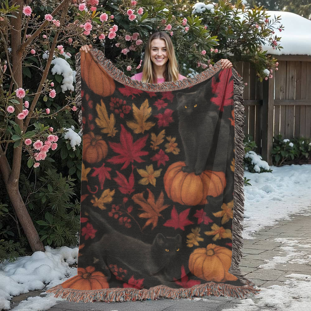 Cozy Autumn Black Cat Tapestry Throw Blanket
