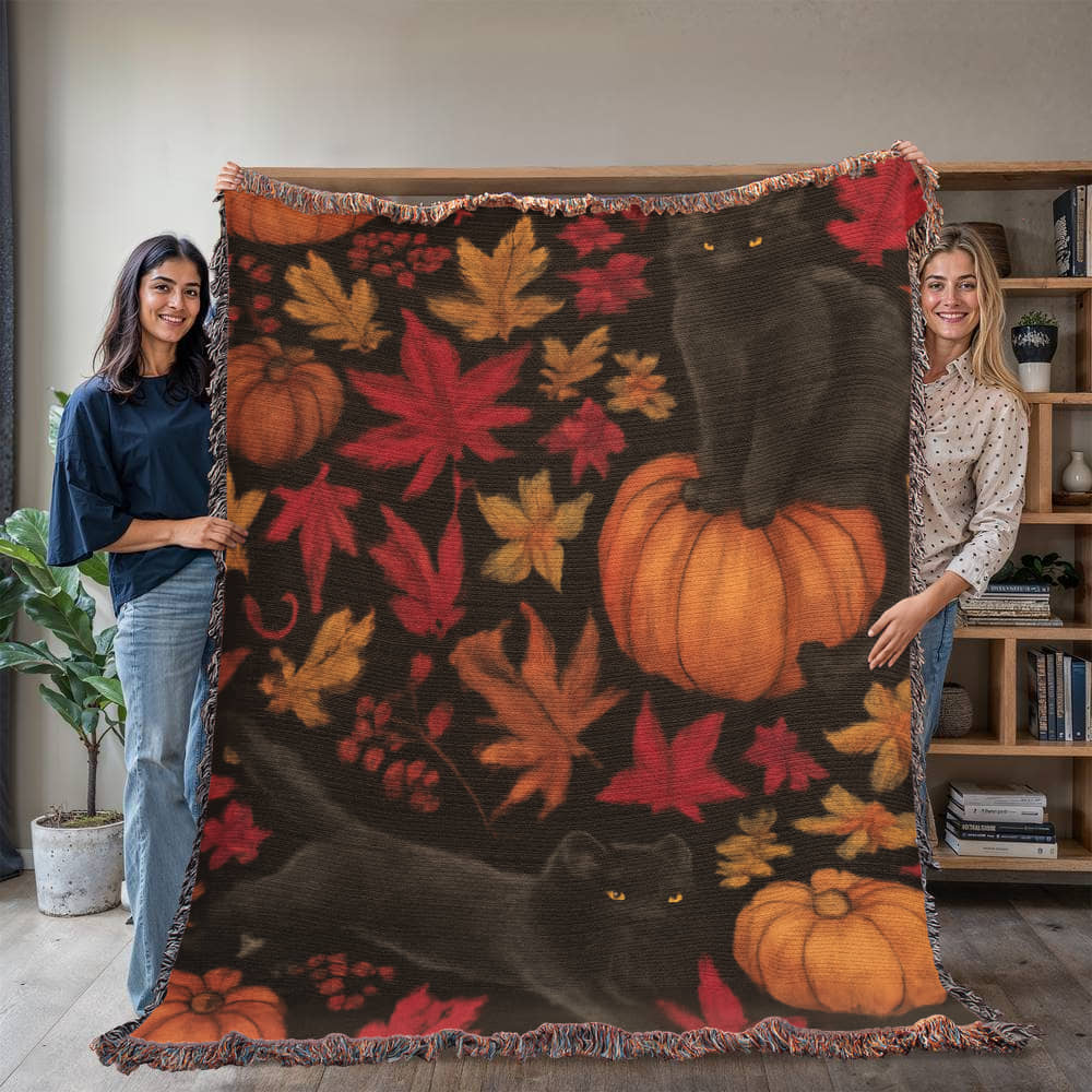 Cozy Autumn Black Cat Tapestry Throw Blanket