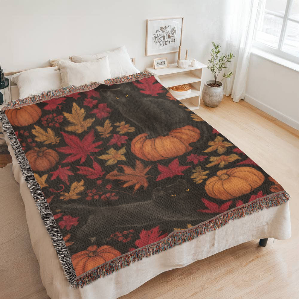 Cozy Autumn Black Cat Tapestry Throw Blanket