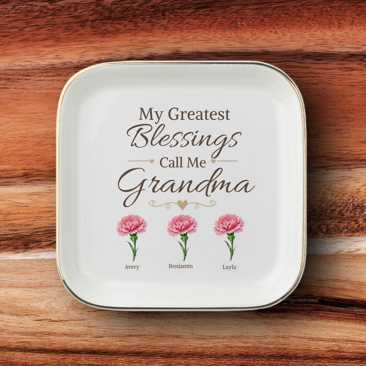 Personalized Grandma Jewelry Dish, Custom Granddaughter Names and Birth Flowers, My Greatest Blessings Call Me Grandma Gift, 1 to 4