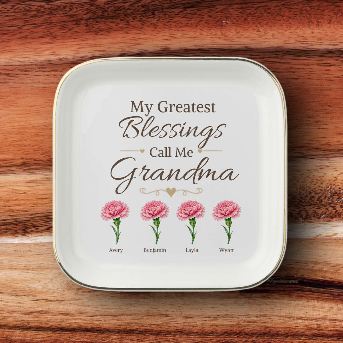 Personalized Grandma Jewelry Dish, Custom Granddaughter Names and Birth Flowers, My Greatest Blessings Call Me Grandma Gift, 1 to 4