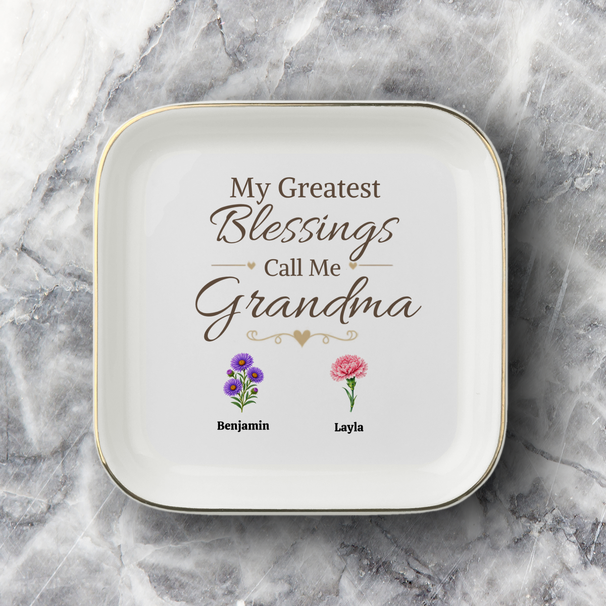 Grandma Jewelry Dish, My Greatest Blessings Call Me Grandma, Floral Grandmother Gift, Personalized Name Flower Keepsake Tray for Her