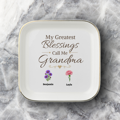 Grandma Jewelry Dish, My Greatest Blessings Call Me Grandma, Floral Grandmother Gift, Personalized Name Flower Keepsake Tray for Her
