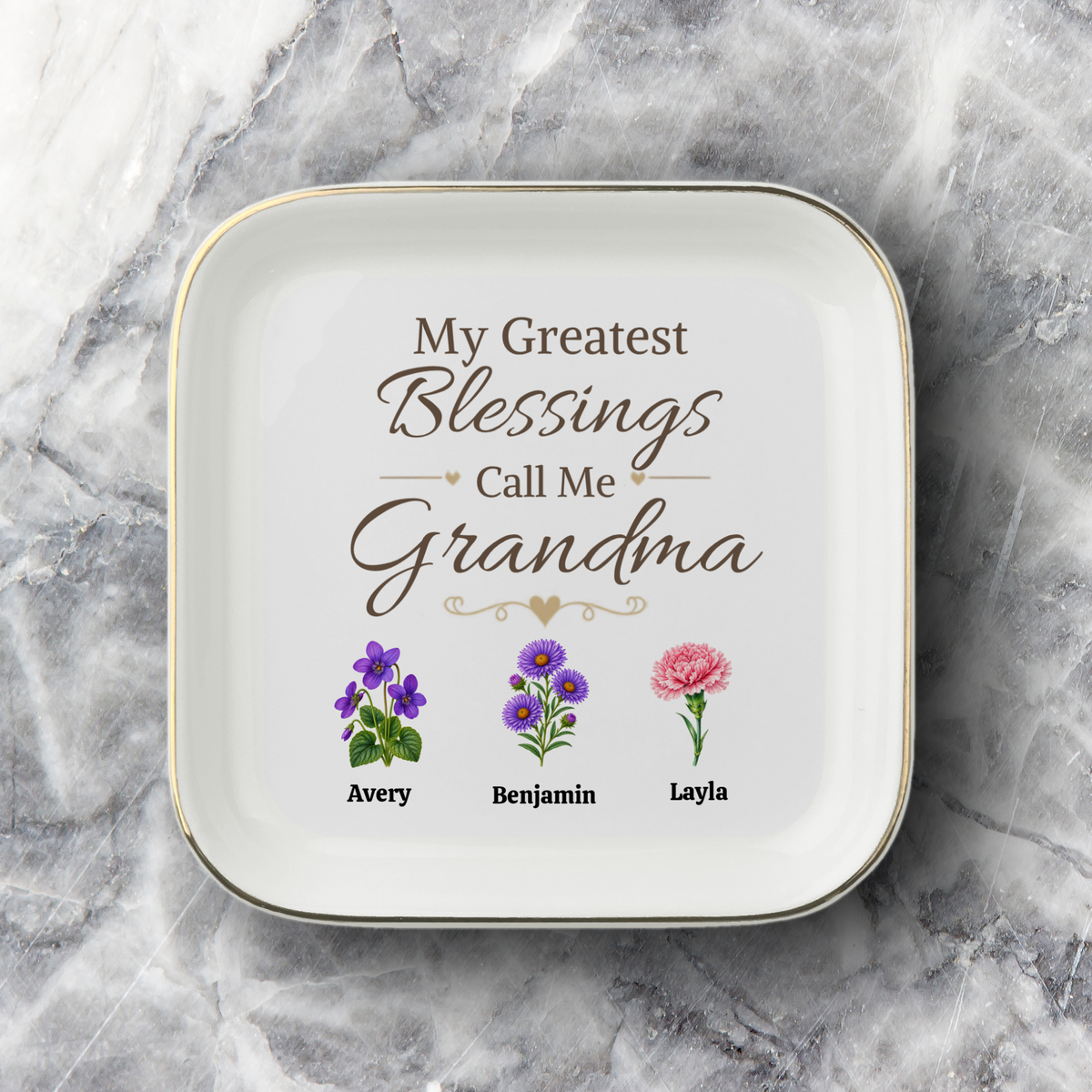 Grandma Jewelry Dish, My Greatest Blessings Call Me Grandma, Floral Grandmother Gift, Personalized Name Flower Keepsake Tray for Her