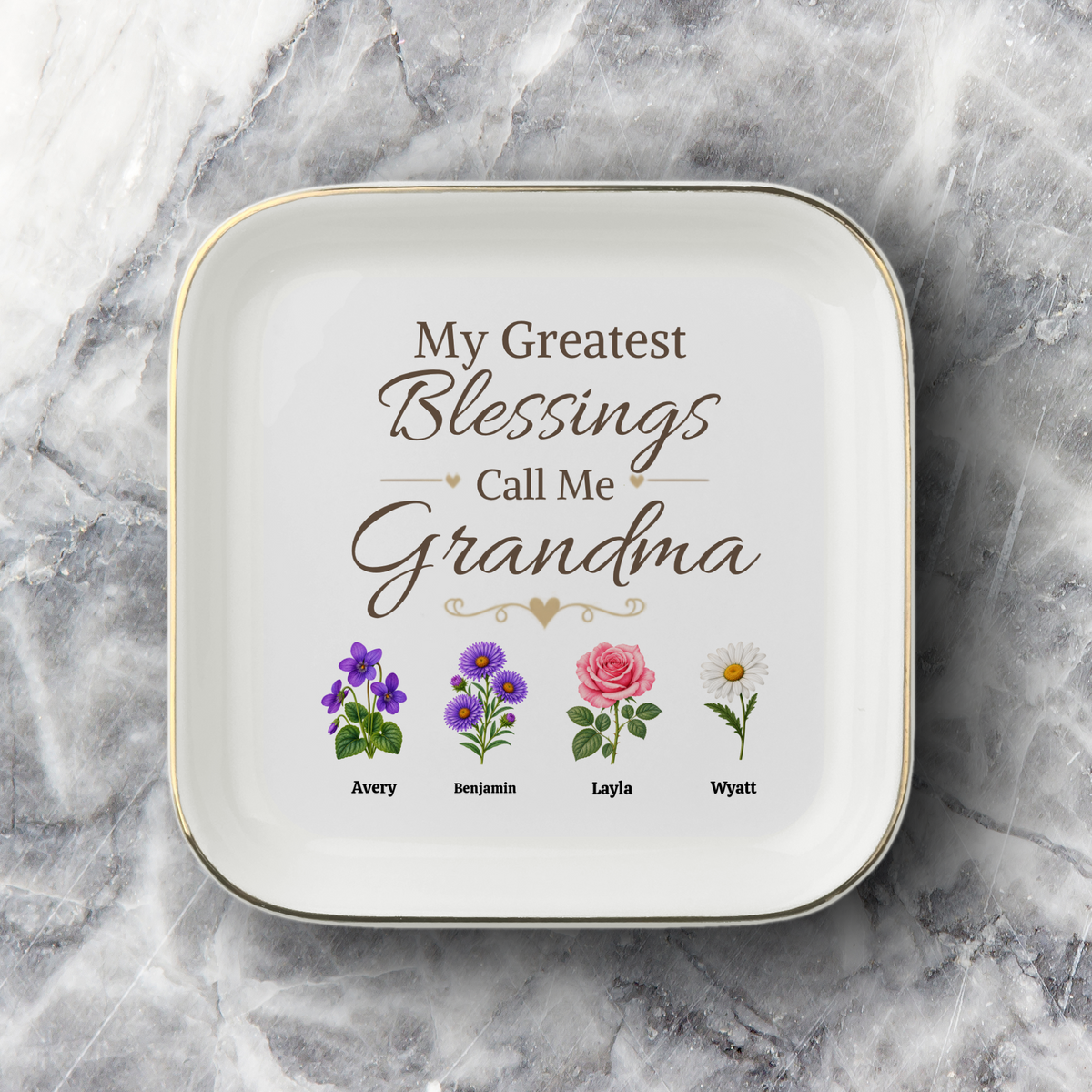 Grandma Jewelry Dish, My Greatest Blessings Call Me Grandma, Floral Grandmother Gift, Personalized Name Flower Keepsake Tray for Her