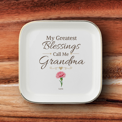 Personalized Grandma Jewelry Dish, Custom Granddaughter Names and Birth Flowers, My Greatest Blessings Call Me Grandma Gift, 1 to 4