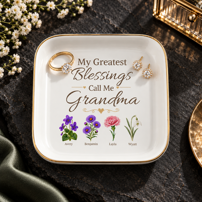 Grandma Jewelry Dish, My Greatest Blessings Call Me Grandma, Floral Grandmother Gift, Personalized Name Flower Keepsake Tray for Her