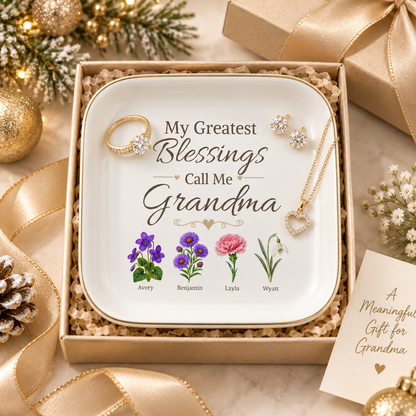 Grandma Jewelry Dish, My Greatest Blessings Call Me Grandma, Floral Grandmother Gift, Personalized Name Flower Keepsake Tray for Her