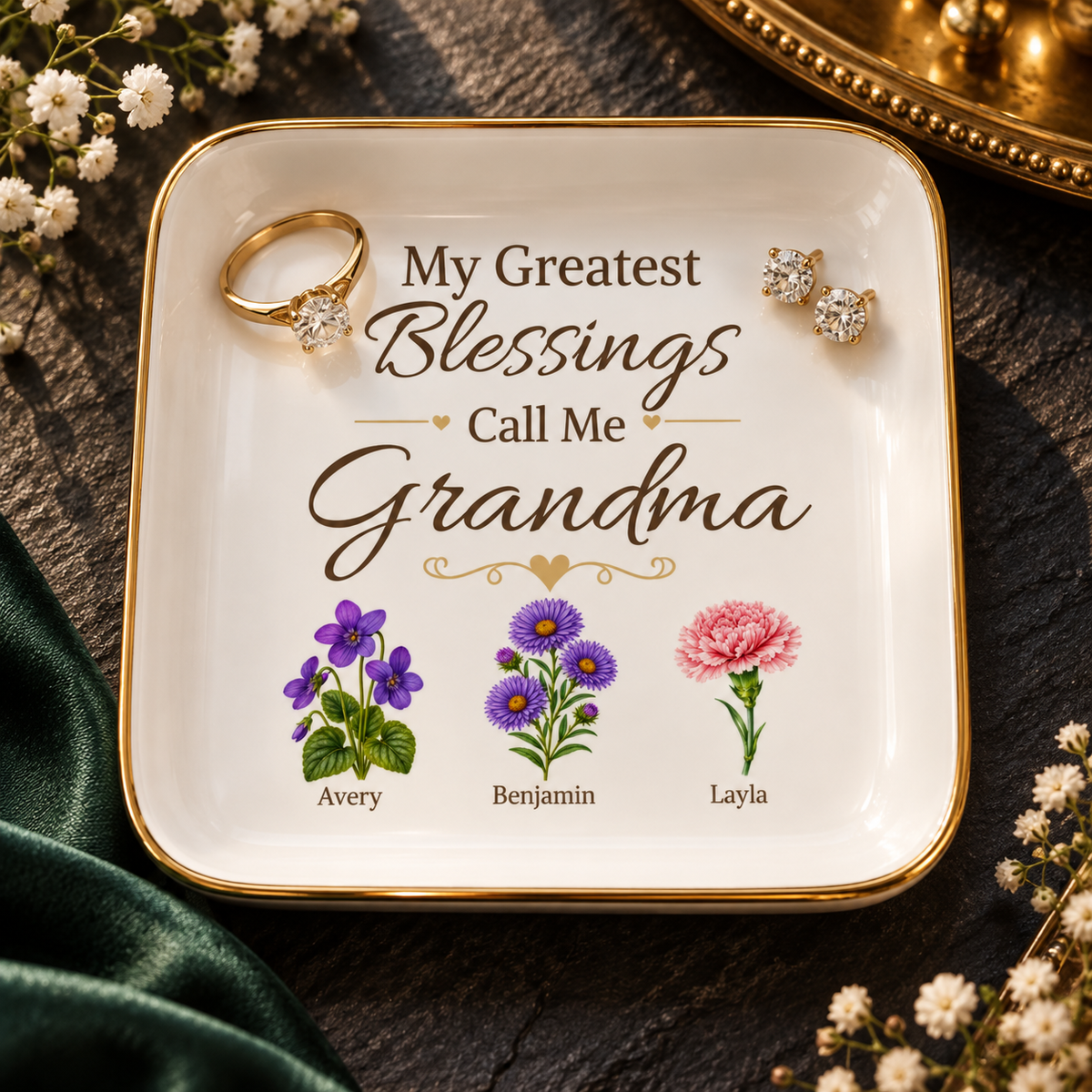Grandma Jewelry Dish, My Greatest Blessings Call Me Grandma, Floral Grandmother Gift, Personalized Name Flower Keepsake Tray for Her