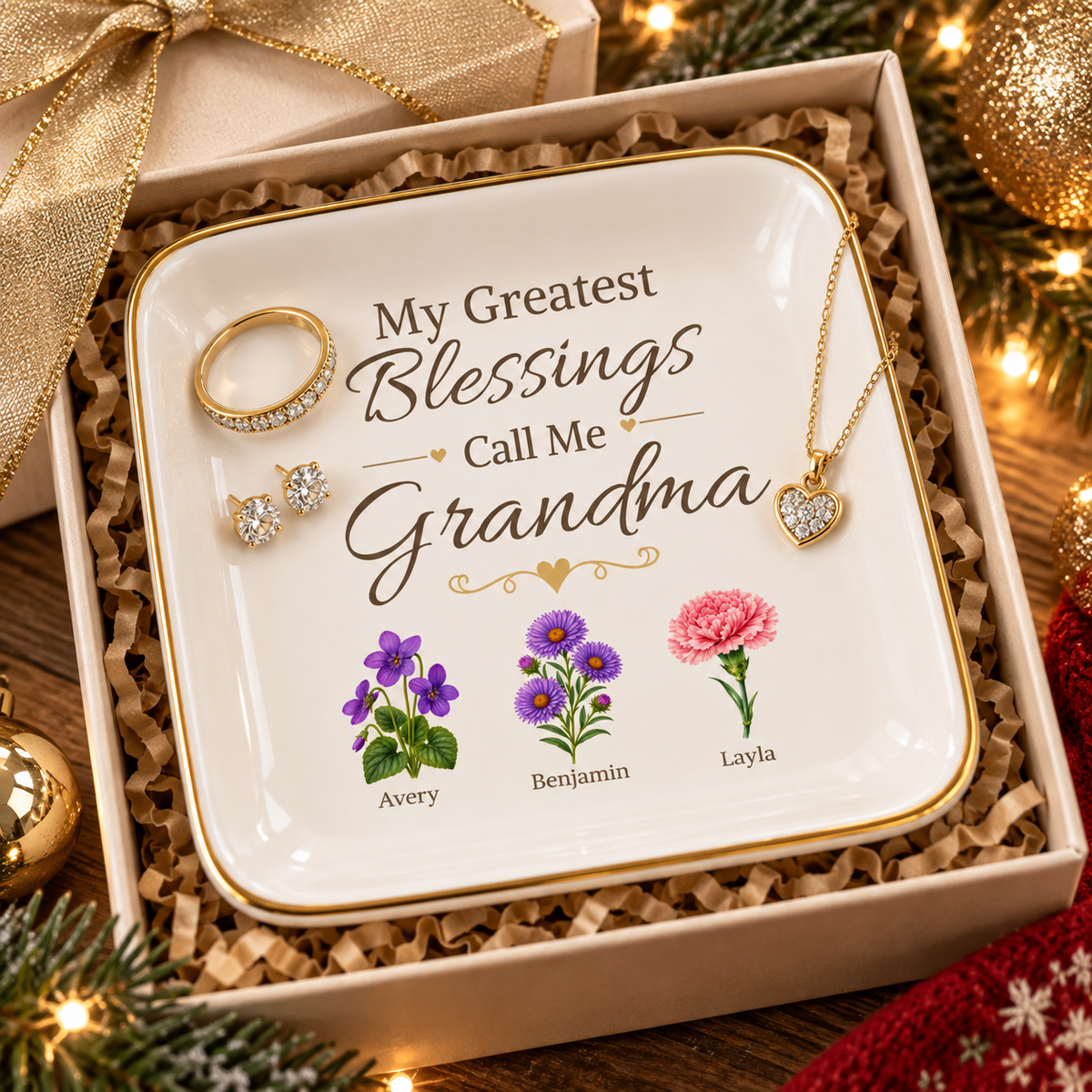 Grandma Jewelry Dish, My Greatest Blessings Call Me Grandma, Floral Grandmother Gift, Personalized Name Flower Keepsake Tray for Her