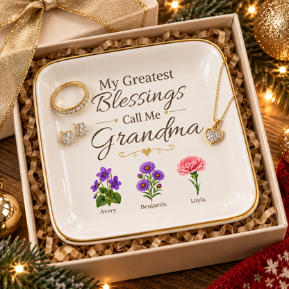 Grandma Jewelry Dish, My Greatest Blessings Call Me Grandma, Floral Grandmother Gift, Personalized Name Flower Keepsake Tray for Her