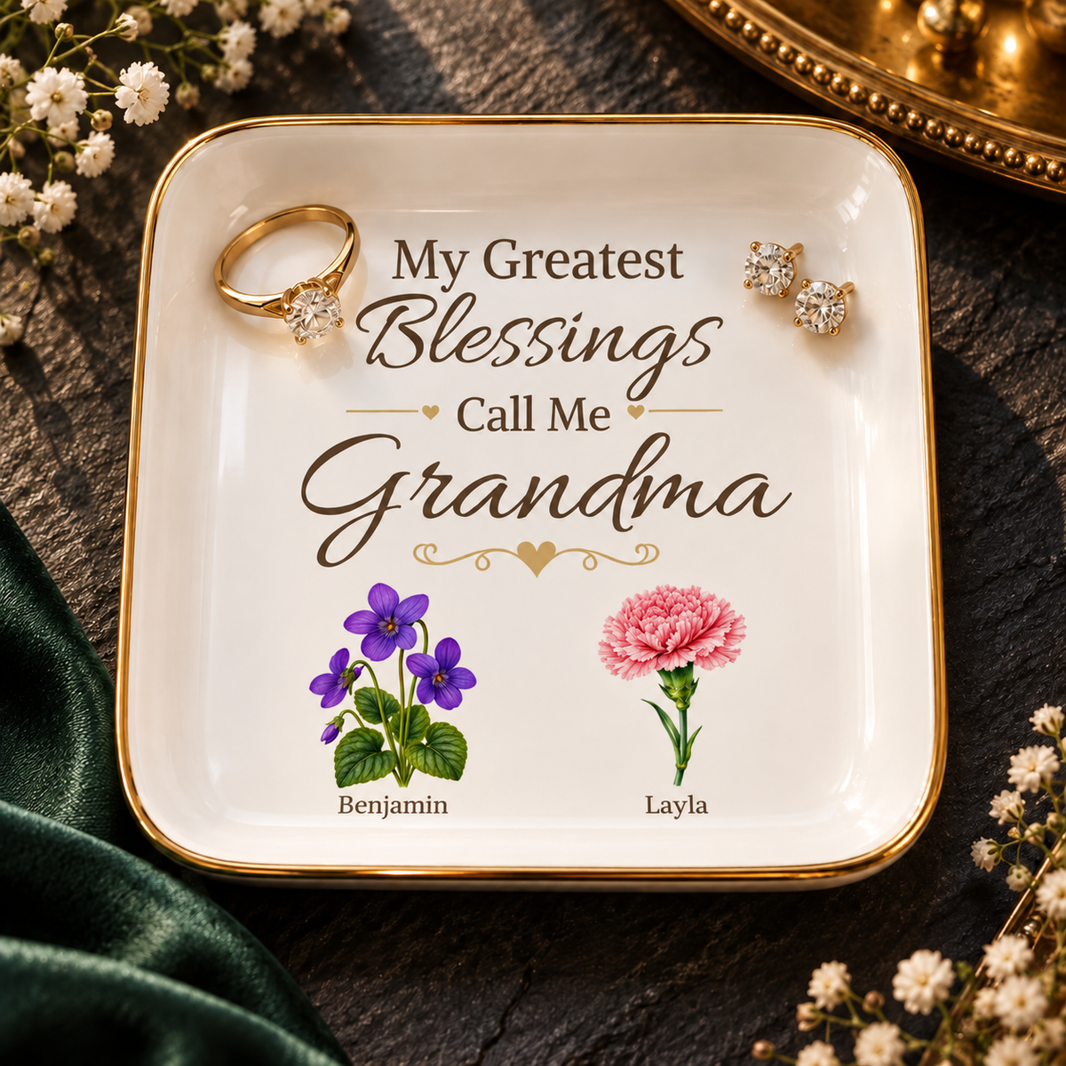 Grandma Jewelry Dish, My Greatest Blessings Call Me Grandma, Floral Grandmother Gift, Personalized Name Flower Keepsake Tray for Her