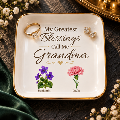Grandma Jewelry Dish, My Greatest Blessings Call Me Grandma, Floral Grandmother Gift, Personalized Name Flower Keepsake Tray for Her