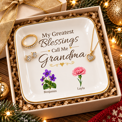 Grandma Jewelry Dish, My Greatest Blessings Call Me Grandma, Floral Grandmother Gift, Personalized Name Flower Keepsake Tray for Her