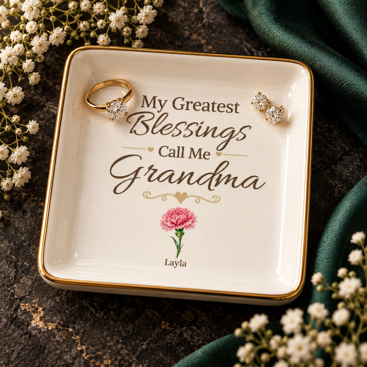 Grandma Jewelry Dish, My Greatest Blessings Call Me Grandma, Floral Grandmother Gift, Personalized Name Flower Keepsake Tray for Her