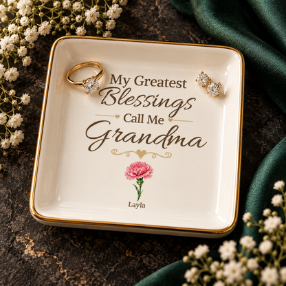 Grandma Jewelry Dish, My Greatest Blessings Call Me Grandma, Floral Grandmother Gift, Personalized Name Flower Keepsake Tray for Her