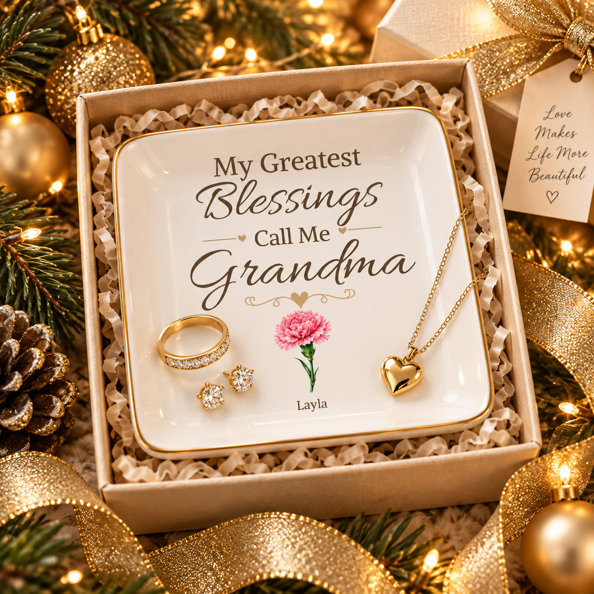 Grandma Jewelry Dish, My Greatest Blessings Call Me Grandma, Floral Grandmother Gift, Personalized Name Flower Keepsake Tray for Her