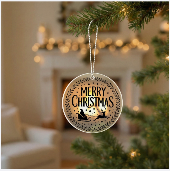 Merry Christmas Santa Sleigh Ornament – Cozy Rustic Wreath Design | Perfect Holiday Tree Decor