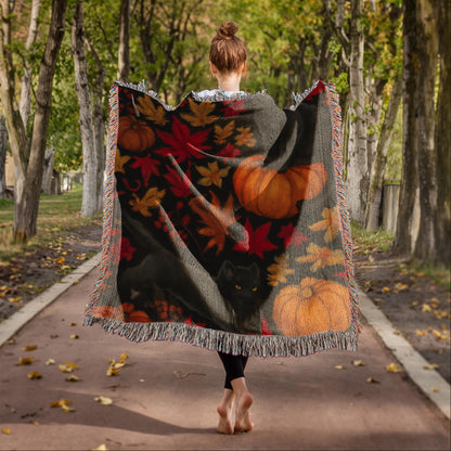 Cozy Autumn Black Cat Tapestry Throw Blanket