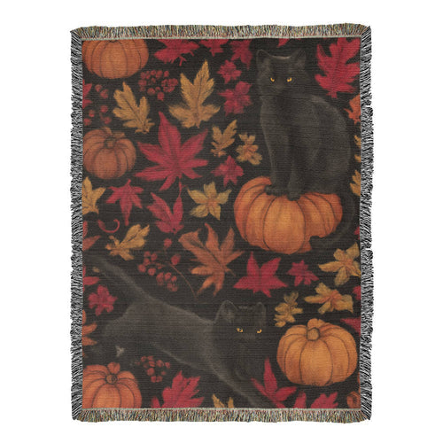 Cozy Autumn Black Cat Tapestry Throw Blanket
