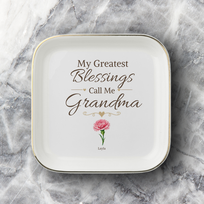 Personalized Grandma Jewelry Dish, Custom Granddaughter Names and Birth Flowers, My Greatest Blessings Call Me Grandma Gift, 1 to 4