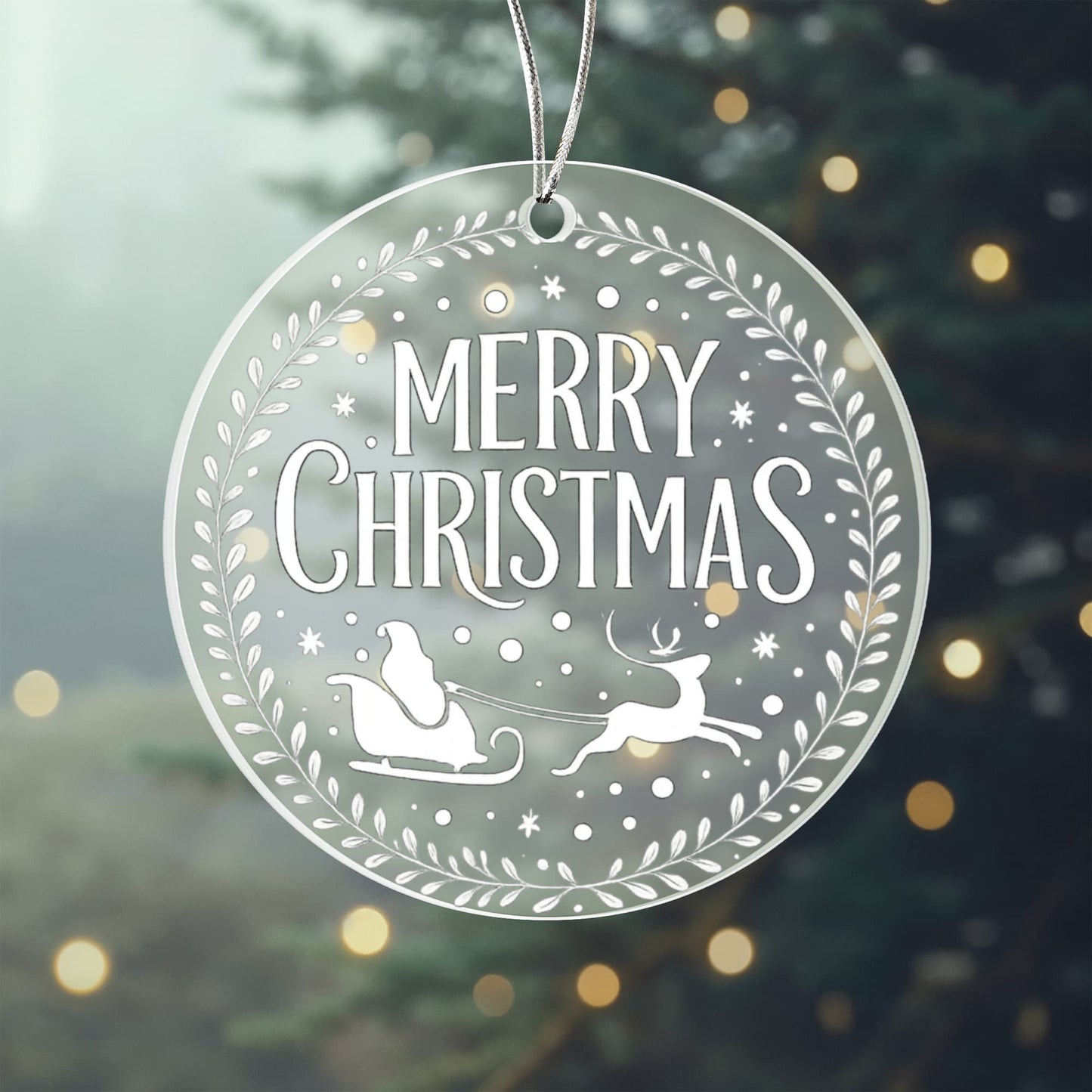 Merry Christmas Santa Sleigh Ornament – Cozy Rustic Wreath Design | Perfect Holiday Tree Decor